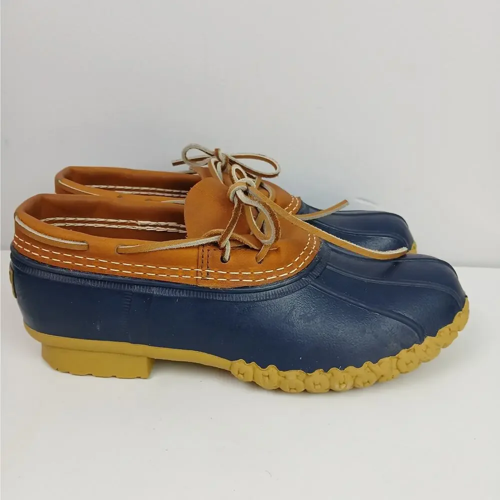 L.L.Bean Women's SZ 9M Bean Boots, Rubber Mocs Tan Bright Navy Runs 1 SZ LG